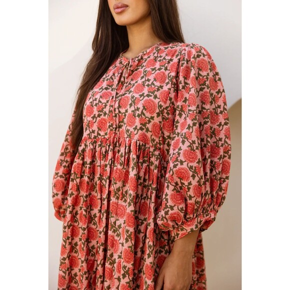 House of Sundar Maya Midi Dress Saffron Sun Women’s XS Pink Boho Floral EUC - Picture 2 of 8